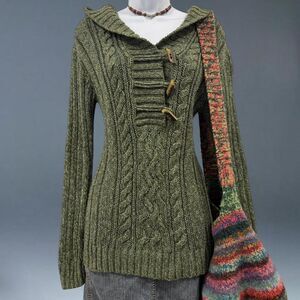 Old Navy Cable Knit Toggle Sweater Womens M Green Hooded Cotton Angora Y2K Retro